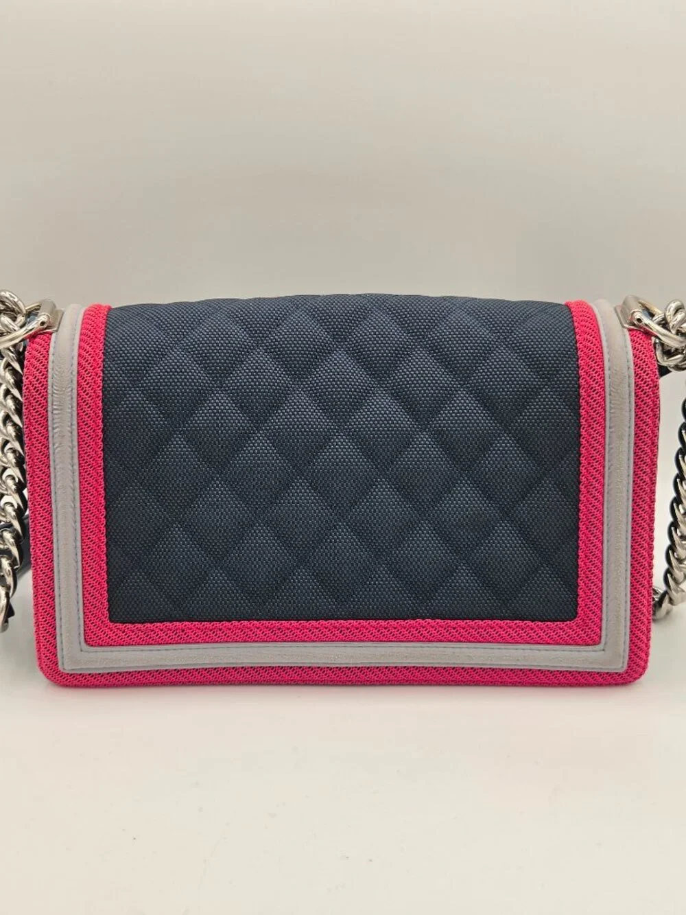 Chanel Medium Fluo Boy Flap Bag – Navy Quilted Canvas | Fuchsia & Grey Trim